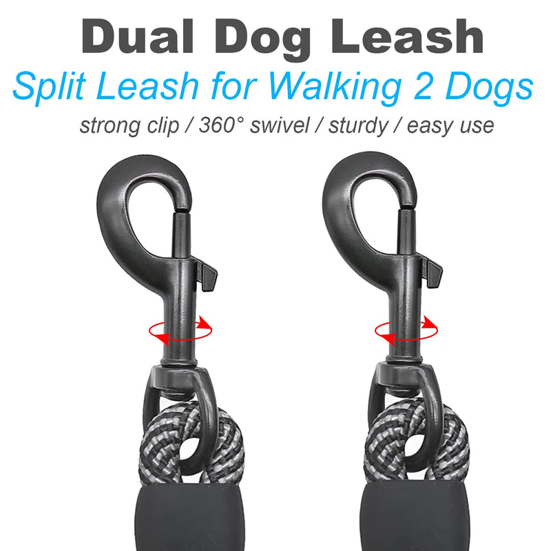 5 FT Double Dog Leash Coupler, Tandem Leash for Two Dogs, No Tangle 360° Swivel Rotation Dual Strong Dog Leash Splitter, for Large Medium Strong Puppy Dogs (3/8inch- Black) 3/8"D x 5ft