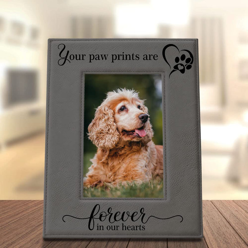 KATE POSH - Your Paw Prints are Forever in our Hearts. Engraved Leather Picture Frame. Memorial Pet Gift, Loss of Dog and Cat, Pet sympathy gift, In memory of (4" x 6" Vertical) 4" x 6" Vertical - PawsPlanet Australia