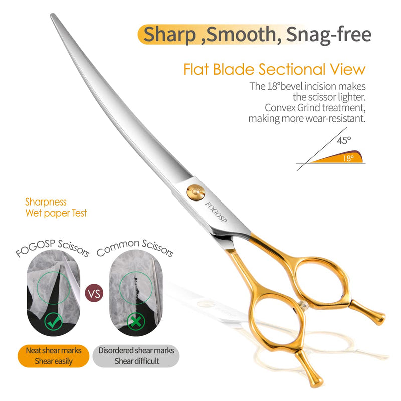 Curved Dog Grooming Scissors Professional 7" Grooming Shears for Dogs Pet Right Handed Groomer Japan 440C Stainless Steel (7 in Curved, Gold) 7 inch - PawsPlanet Australia