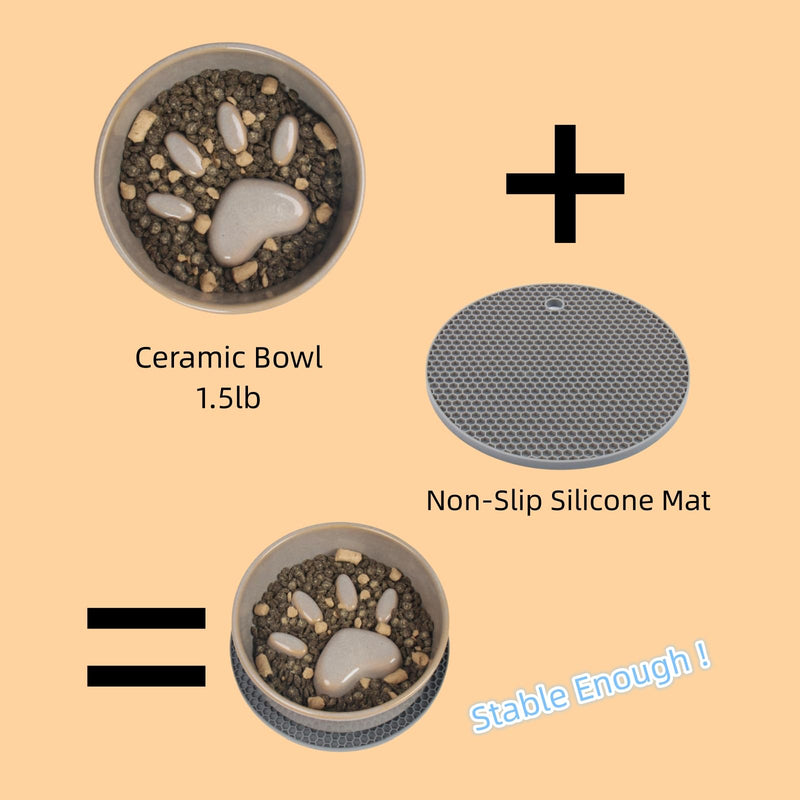 Slow Feeder Dog Bowls，Ceramic Bowl for Cats and Dogs，Dog Bowls，with Non-Slip Silicone Mat，Pet Bowl for Small Dogs and Cats，Slow Down Eating，6.2 inches Grey pet Bowl gray - PawsPlanet Australia