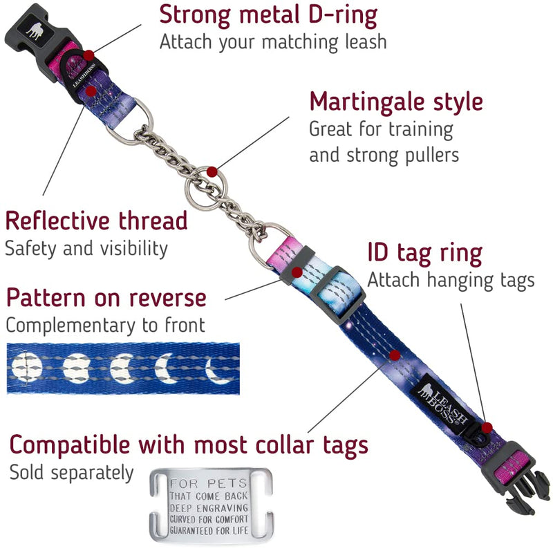 Leashboss Martingale Collar For Dogs - Steel Chain | Reflective Nylon Dog Collar for Large Dogs, Medium and Small Dogs | No Pull Pet Training Collar Small | Quick Release Buckle, Adjustable Pet Collar Medium-Large (16-19" Neck x 1" Wide) - PawsPlanet Australia