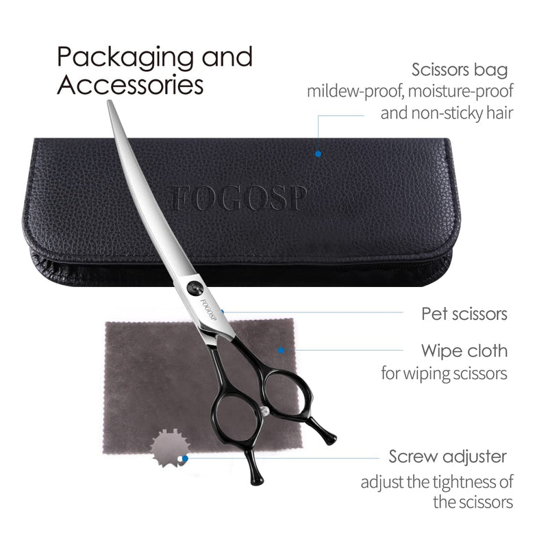 Curved Dog Grooming Scissors Professional 7" Grooming Shears for Dogs Pet Right Handed Groomer Japan 440C Stainless Steel (7 in Curved, Black) 7 in - PawsPlanet Australia