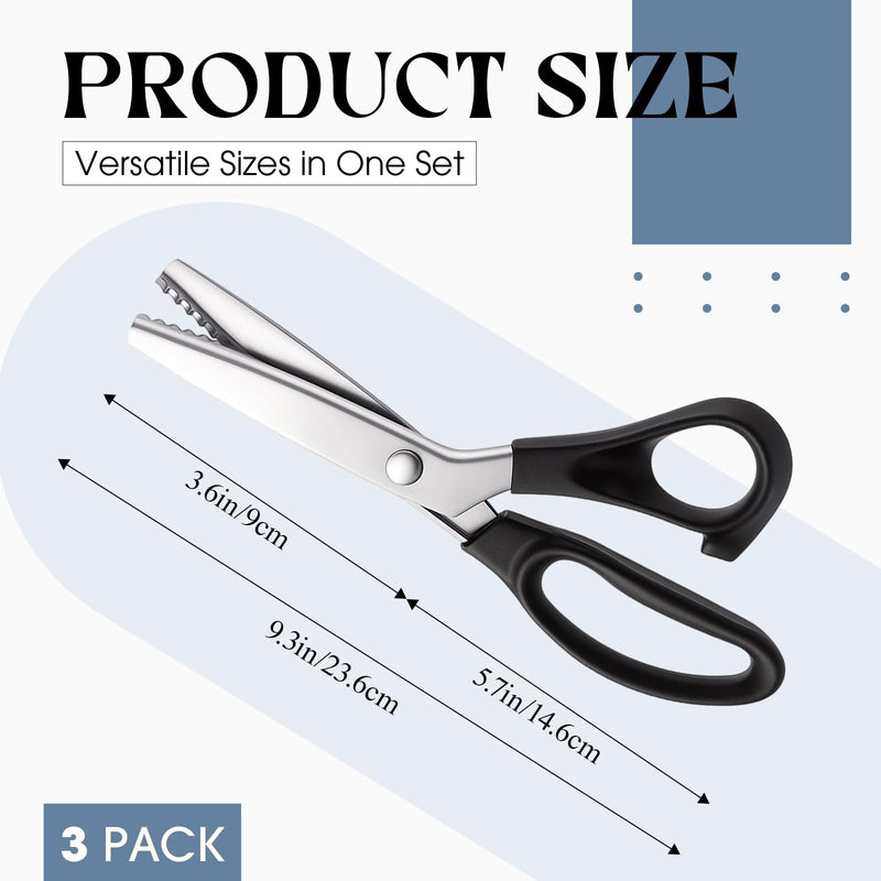 3 Sizes Pinking Shears for Crafting and Paper Cutting, 3mm, 5mm, 7mm Scalloped Scissors, 9.3'' Zig Zag Scissors Handheld Serrated Jagged Dressmaking Supply for Leather Fabric Craft Paper Black and White 3