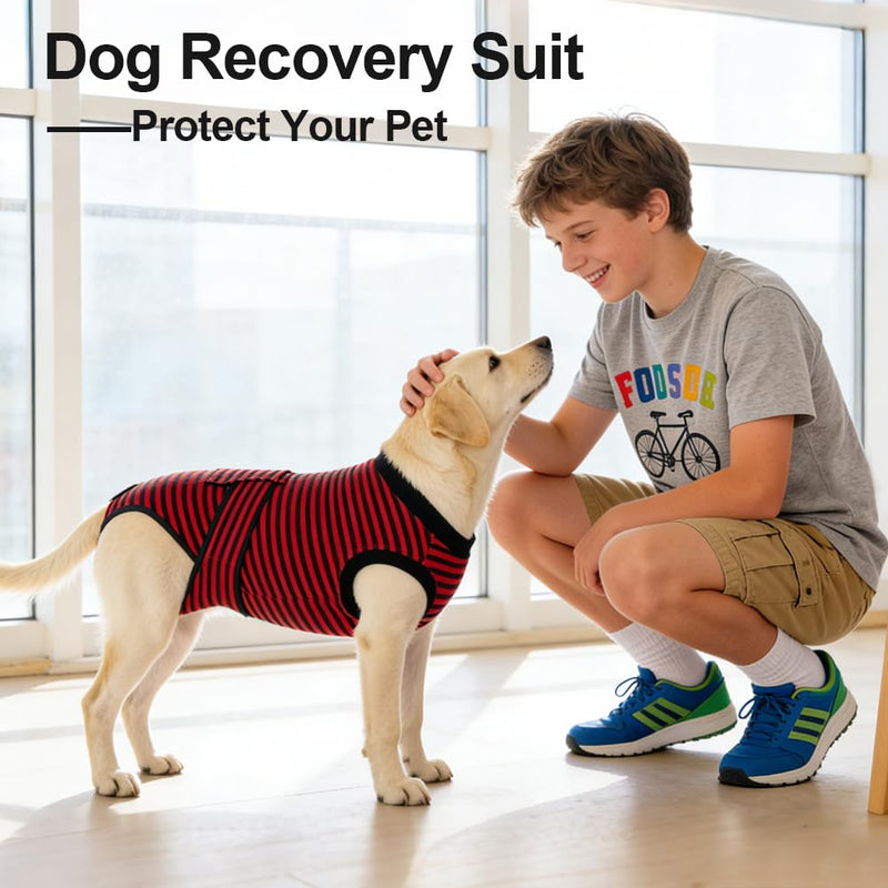 AUYAO Dog Recovery Suit Dog Surgery Bodysuit Anti-Licking Puppy Medical Surgical Suits Abdominal Wounds Protector Male Castration Onesie Post Op Dogs Surgery Shirt Pet Cone E-Collar Alternative(L) L Hook & Loop Fastener Style-red Black Stripes