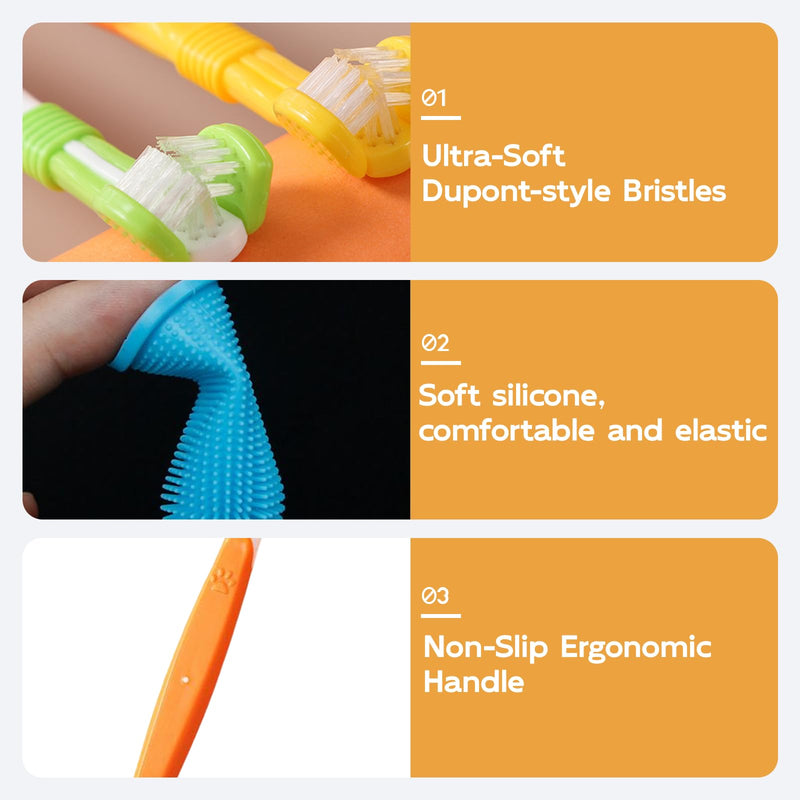 Dog Cat Toothbrush 2 Triple Toothbrushes and 2 Double Toothbrushes 4 Finger Toothbrushes for Cleaning and Grooming Pet Teeth
