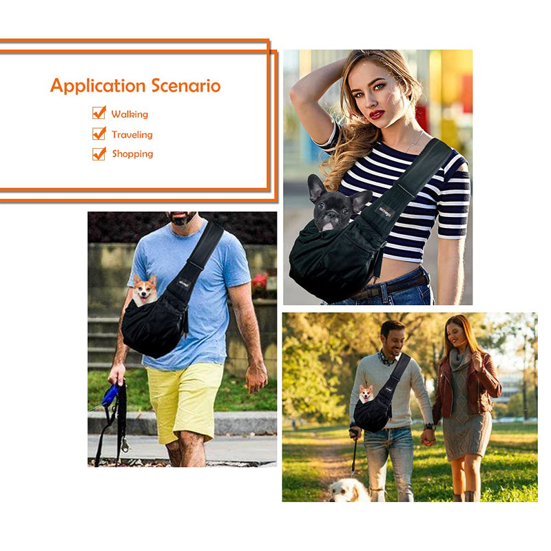 NATUYA Dog Sling Puppy Carrier Hand Free Doggie Adjustable Shoulder Strap Pet Walking Bag Cat Carrier with Zip Pocket Safety Belt Protective Mesh for Outdoor Subway Travel (Black Waterproof) Black Waterproof