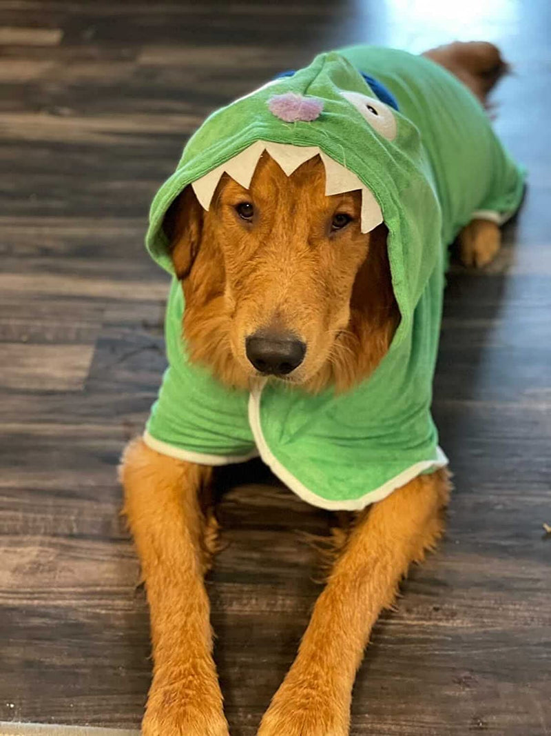 BoxDog Wearable Microfiber Dog Towel with Monster Hoodie | Soft Dog Bathrobe (x-Large) X-Large Green Monster - PawsPlanet Australia