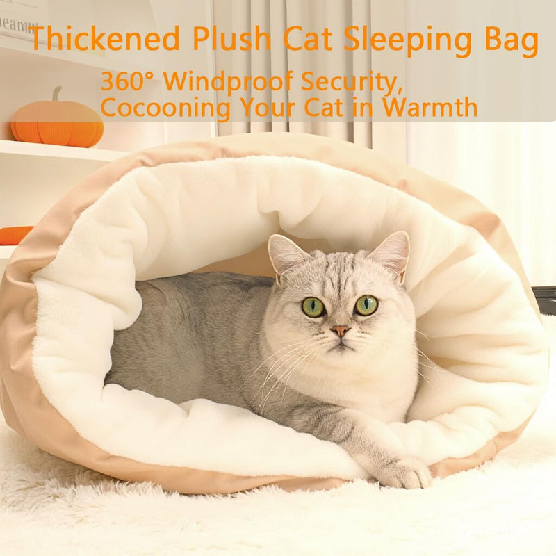 Cat Sleeping Bag Cave Bed Self Warming Heated Cat Bed Cozy Enclosed Cat Cave for Indoor & Outdoor Cats, Fluffy Warm Burrow Cat Bed Winter, Washable Hooded Cat Nest Pet Cave Bed
