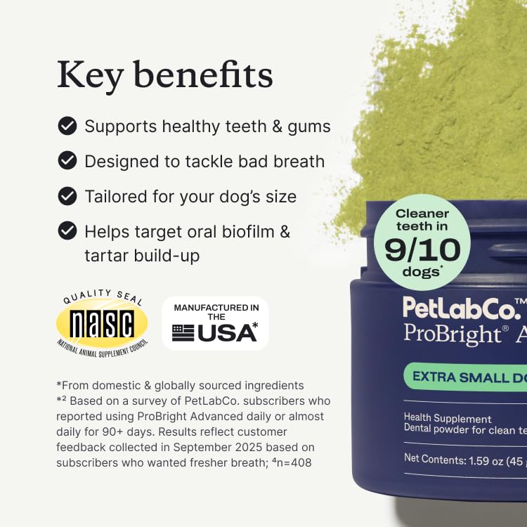 PetLab Co. ProBright Advanced Dental Powder - Dog Breath Freshener - Teeth Cleaning Made Easy – Targets Tartar & Bad Breath - Packaging May Vary - Formulated for Extra Small Dogs - PawsPlanet Australia