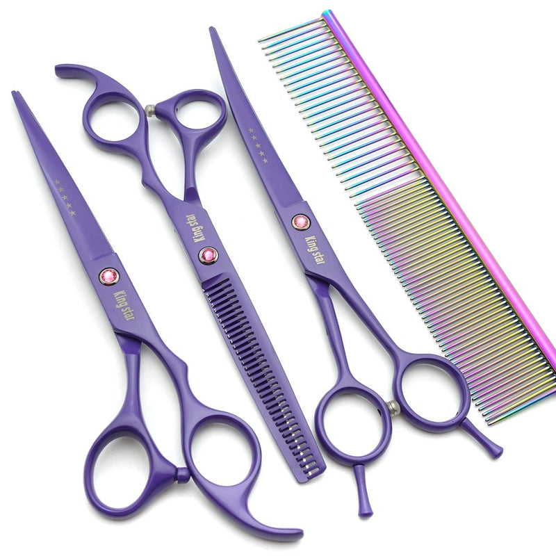 7.0in. Matt Purple Professional Pet Grooming Scissors Set,Straight & Thinning & Curved Scissors Set with Comb,case,A429 7 inches 7 Inches Purple Set