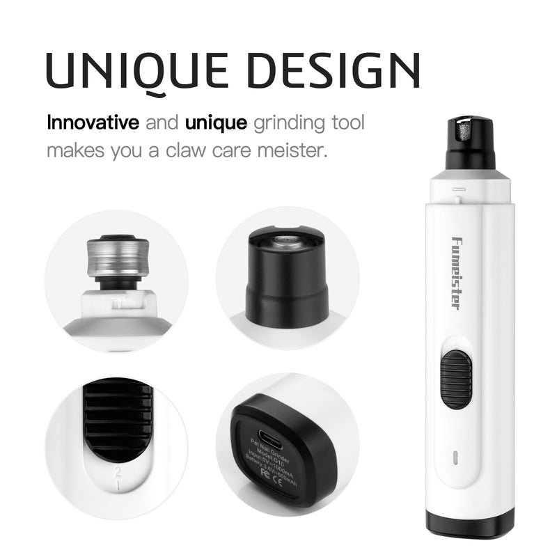 Pet Nail Grinder for Dogs - Quiet 2-Speed Rechargeable Dog Nail Trimmer with Type-C Charging, Low Noise Paw Grooming for Dogs & Cats (White) White