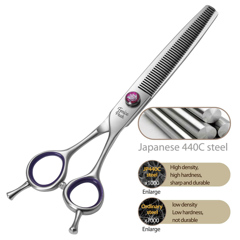 Fenice Peak 7'' Thinning Dog Grooming Scissors with Purple Finger Rings and Flashing Screw Professional 440C Stainless Steel Natural Color Pet Thinning Shears with Offset Handle Durable and Sharp 7" Thinner - PawsPlanet Australia