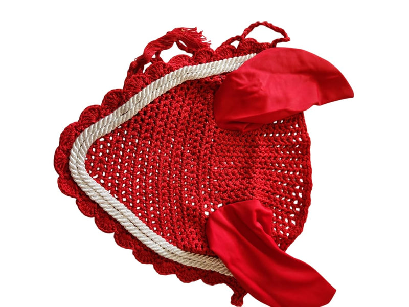 Horse Ear Bonnet Fly Veil Crochet Equestrian with Piping Red Color Full Size