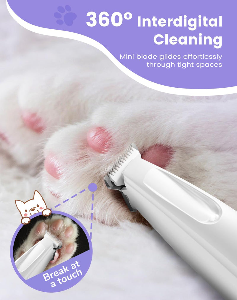 Dog Paw Trimmer with LED Light, 35dB Low Noise Paw Trimmers for Dog's Feet, 2 Speed Safety Electric Dog Clippers for Grooming, Rechargeable Cat Shaver for Paws, Ears, Face, Rump White - PawsPlanet Australia