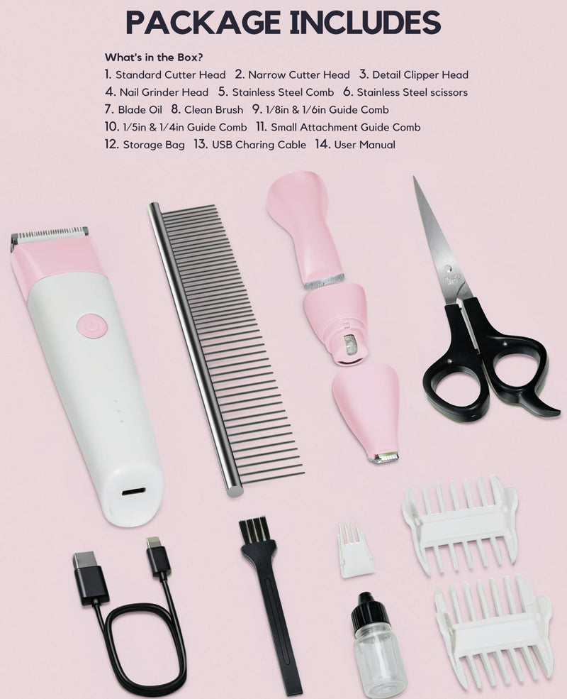 Dog Clippers Grooming Kit, 4 in 1 Quiet Cordless Dog Paw Trimmer & Nail Grinder, Small Cat Clippers Electric Rechargeable Low Noise Pet Shaver for Trimming Hair on Paw Eye Ear Face Rump (Pink) Pink - PawsPlanet Australia