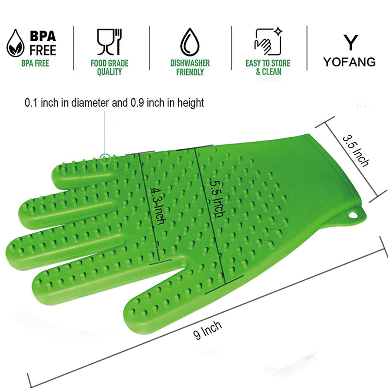 YOFANG Double-Side Pet Grooming Gloves, 4-in-1 Bathing Massage Hair Remover Brush, Anti-Slip Bite-Proof for Cat,Food Grade Silicone Deshedding Glove for Dogs Cats Horses Rabbits,Green-9" L (1 Pair) 9" L Green - PawsPlanet Australia