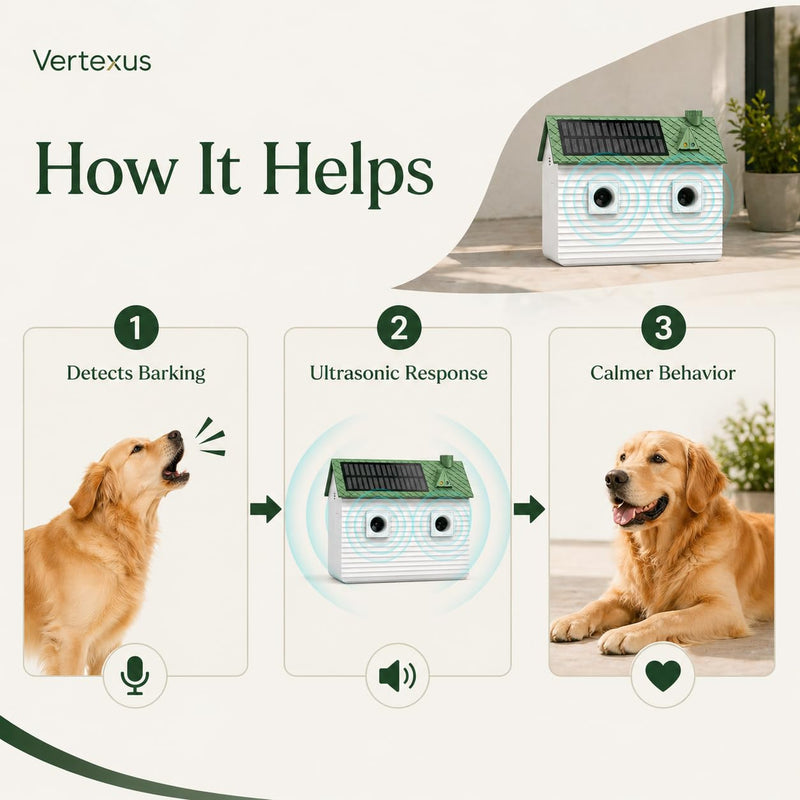 Solar Ultrasonic Bark Control Device for Your Own Dog – BBB Certified Humane Training Aid Tool, Dual-Frequency Ultrasonic 50ft Detection, 3 Adjustable Frequencies for Small Medium Large Dogs