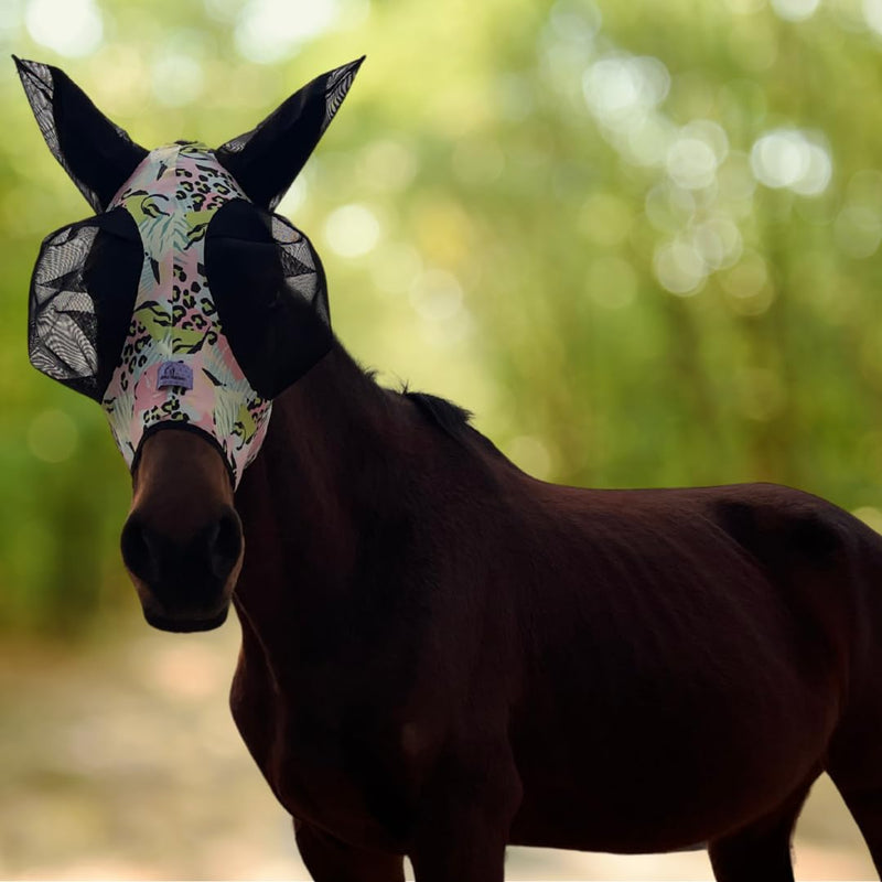 Stretchy Horse Fly Mask with Extra-Large Eyes & Mane Opening – Soft, Breathable Fly Mask for Horses, Tangle-Free Design, Enhanced Visibility (Pink and Blue Stripes, Full (Large)) Pink and Blue Stripes Full (Large)
