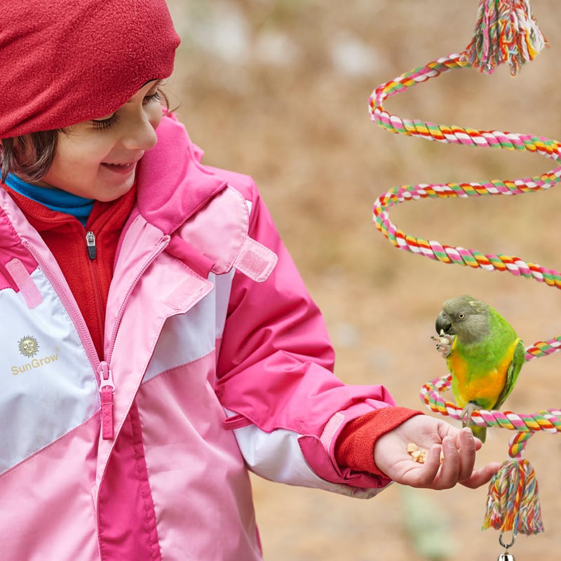 SunGrow Rope Perch for Parrots, 59” Long, Bungee Bird Toy, Brightly Colored Handmade Chew Toy, Spiral Design with Jingling Bell - PawsPlanet Australia