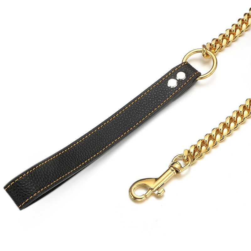 Gold Dog Chain Leash Stainless Steel Metal Chain Width 10mm /14mm Curb Cuban Link Walking Training Dog Leash 3FT 4FT 5FT with Genuine Leather Handle for Small, Medium Large Dogs(14mm,3FT) 14mm wide 3FT(36inch) - PawsPlanet Australia