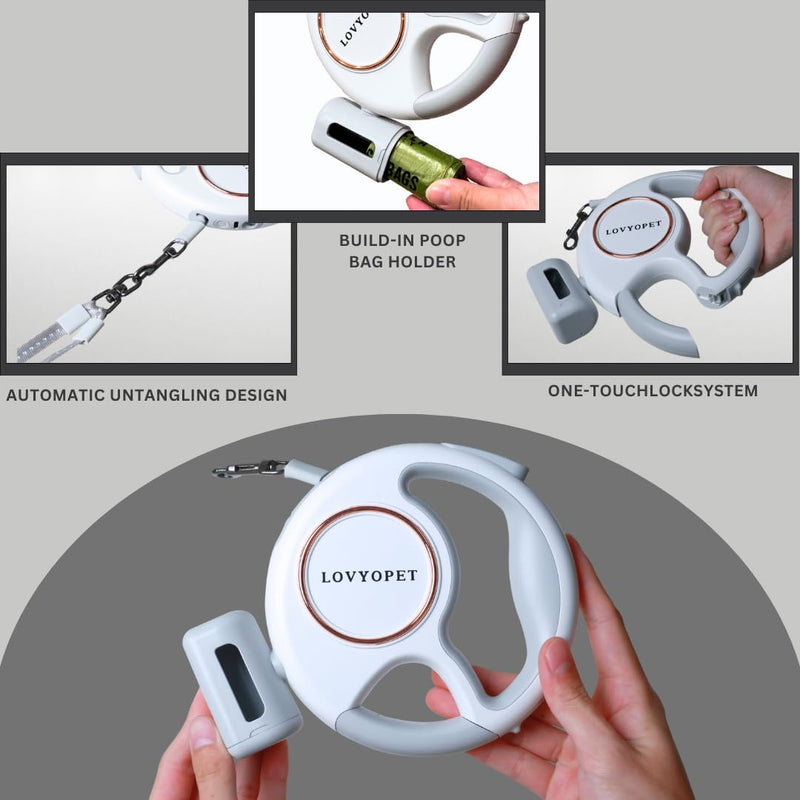 All-in-One Retractable Dual Dog Leash with LED Light and Poop Bag Holder, 360° Tangle-Free Swivel, One-Touch Brake/Lock, Durable Tape & Ergonomic Grip – for Two Small Dogs - PawsPlanet Australia