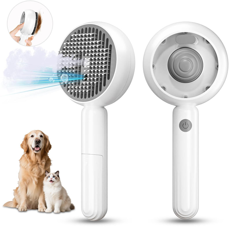 Cat Steam Brush for Indoor Cat Dog 5 In 1 Pet Fur Remover Tool for Shedding & Grooming Anti-Static Spray Hair Removal Comb with Release Button Long Short Hair Pet Dog Supplies - White - PawsPlanet Australia