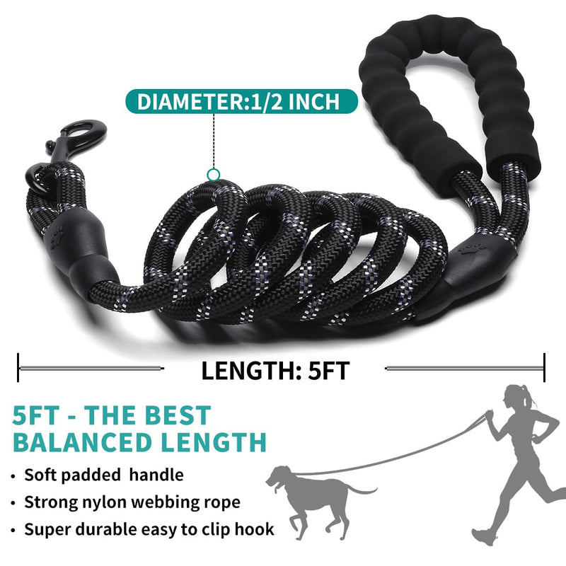 COOYOO Dog Leash 6 FT Heavy Duty - Comfortable Padded Handle - 1/2 inch Reflective Dog Leash for Medium Large Dogs with Poo Bag Dispenser 1/2"x 6 FT (18~120 lbs.) 1 Pack E-Black - PawsPlanet Australia