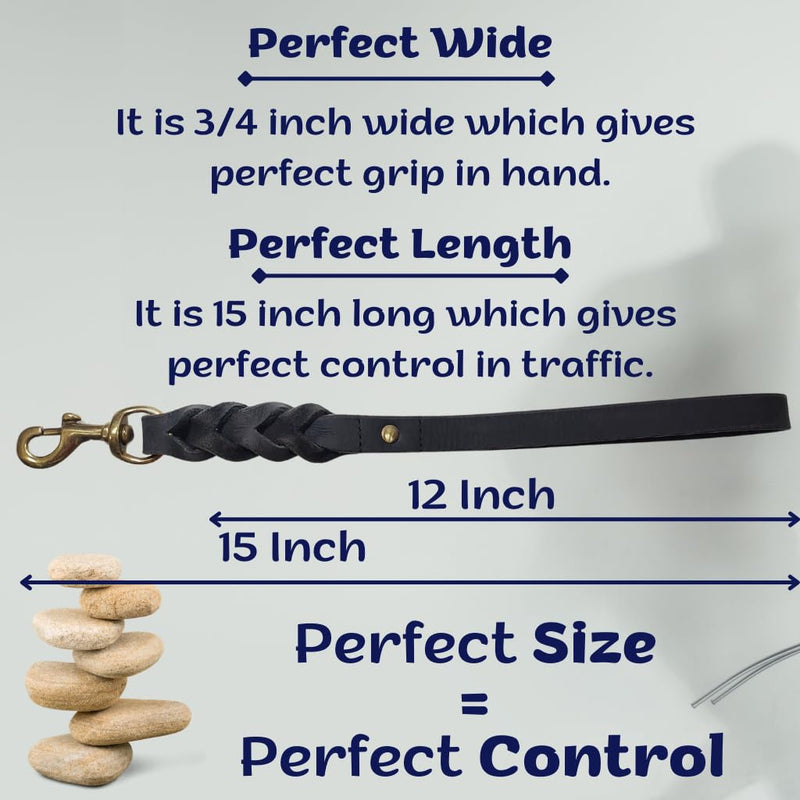 Leather Short Dog Leash - 15 Inch Traffic Lead for Large Dogs - Braided Leather Tab - Full Grain Heavy Duty (Black) Black - PawsPlanet Australia