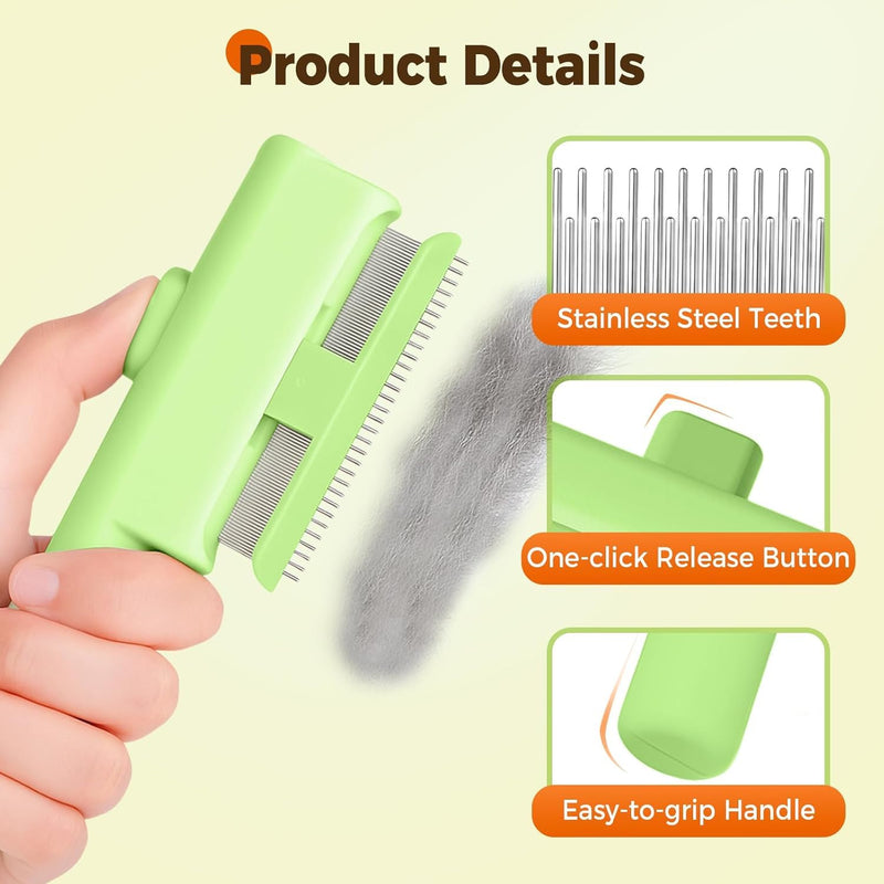 2 Pcs Flea Comb for Pet, Dog Cat Hair Removal Comb with Release Button, Self-Cleaning Grooming Brush for Shedding, Massaging, Short & Long Fur (White&Green) - PawsPlanet Australia