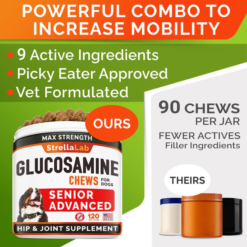 Senior Advanced Glucosamine Chondroitin Joint Supplement for Dogs - Hip & Joint Pain Relief Pills - Large & Small Breed - Hip Joint Chews Canine Joint Health - Chews Older Dogs - Bacon Flavor-120Ct 120 Senior Advanced Treats (Pack of 1)