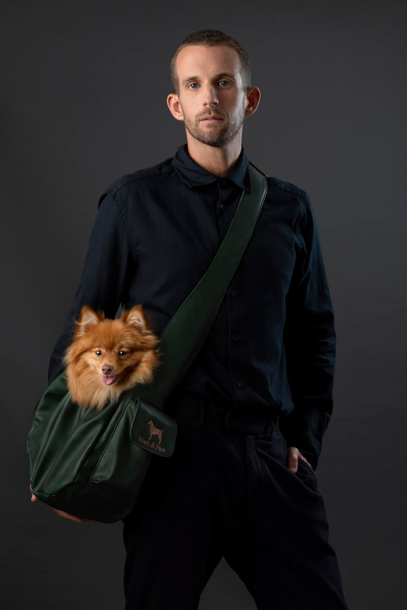Noah & Paw Dog Sling Carrier for Small Dogs 5-18lb, Dog Sling for Small Dogs and Cats, Dog Carrier with Adjustable Padded Strap, Vegan Leather Lined with Fur, Double Safety Feature, Machine Washable Dark Green 18.0"L x 10.0"W x 6.5"H - PawsPlanet Australia