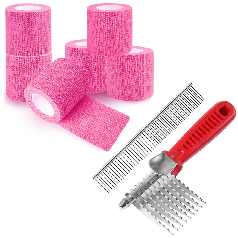 QUMY 6 Pack Pink Self-Adhesive Bandage Wrap 2 Inch x 5 Yards and Dog Comb Set for Dematting Knotted Hair