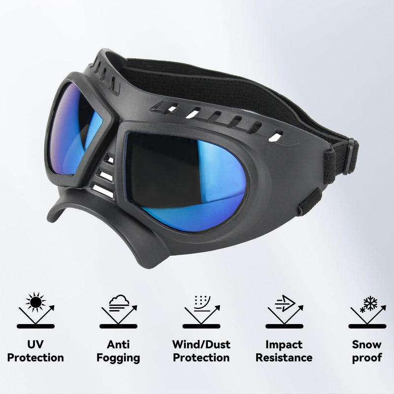 Small Dog Goggles Windproof for Small-Medium Breeds Dog Sunglasses Anti-UV with Adjustable Straps - Blue Blue Lenses