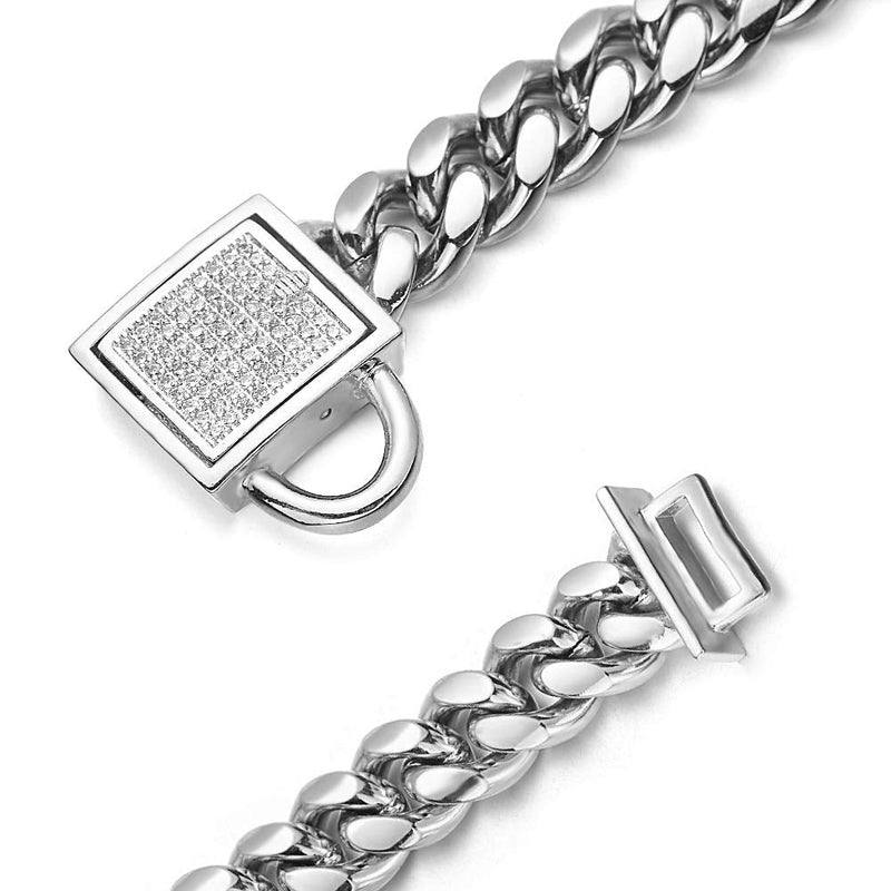 Dog Chain Collar 10mm Wide Cuban Link Puppy Collar 316L Stainless Steel with CZ Diamond Lock Bling Collar for Medium Dogs(10mm Silver,16inch) Silver, width 10mm 16inch