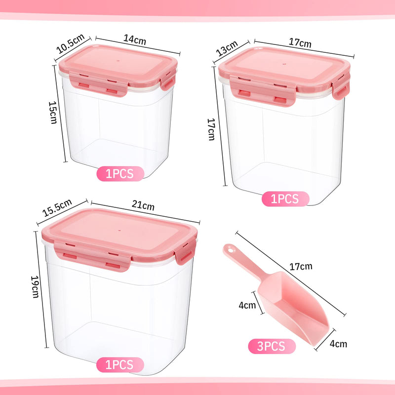 3 Pieces Airtight Pet Food Storage Containers with Spoon, Plastic Containers, Animal Food Containers, Dry Food Containers for Dog Food Cat Fish Bird Seed, 1.27 QT, 2.4 QT, 4 QT (Pink) Pink