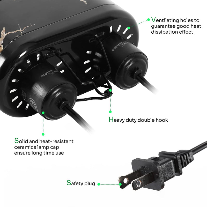REPTI ZOO Nano Combo Print Tropical Desert Reptile Dual Deep Dome Lamp Fixture for Reptile Max 40 Watts Max Bulb Height 4 in Per Socket UVB Light Fixture Dual Lamp Cap Combo Integration Design - PawsPlanet Australia