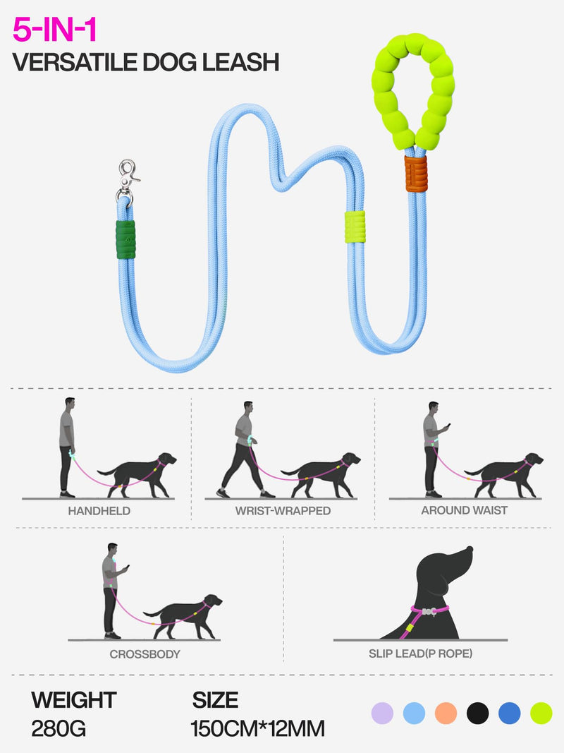 Hands Free Dog Leash, 5-in-1 Adjustable Waist Training Leash for Walking& Hiking – Dual Lead Rope with Padded Handle,MGBR Rotating Metal Clip Classic-Sea Salt Blue-5Ft - PawsPlanet Australia