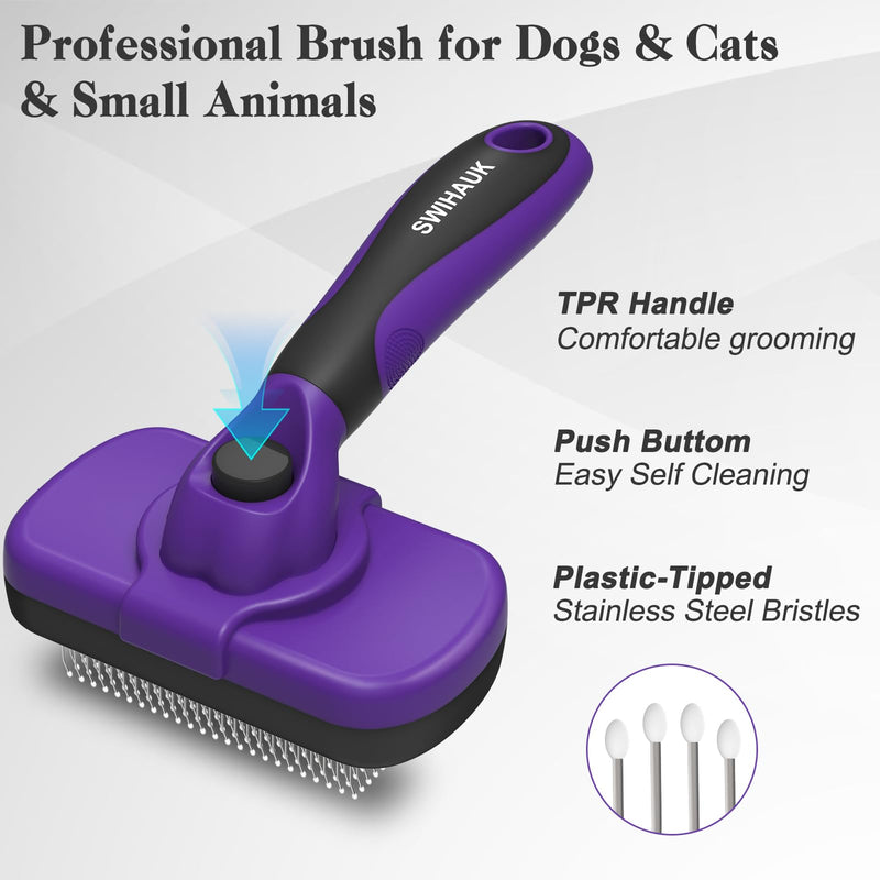 Swihauk Self Cleaning Slicker Brush for Dogs & Cats, Skin Friendly Pet Grooming for Shedding, Deshedding, and Hair Removal - Puppy Brush for Long Haired Pets, Pet Supplies, Purple - PawsPlanet Australia