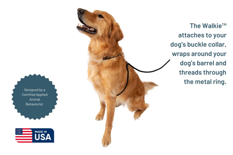 The Walkie No Pull Dog Leash - Gentle, Effective, Encourages Loose Leash Walking - Made in USA - Black with High Visibility Reflective Thread - Size Large for Dogs 25 lbs - 150 lb - PawsPlanet Australia