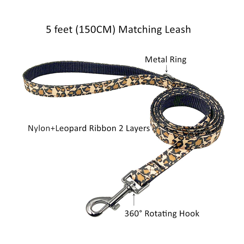 Bowtie Dog Collar and Leash Set, Nylon Webbing with Leopard Ribbon, 5ft Matching Leash, for Small Dogs.(S, Leopard) - PawsPlanet Australia
