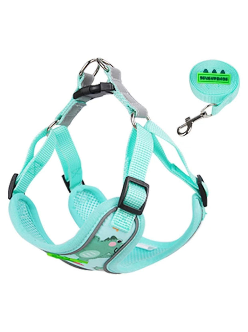 Dog Harness and Leash Set No Pull No Choke Puppy Reflective Vest Harness Ajustable Lightweight Breathable Dog Vest for Small Dogs Cats (Green Dinosaur, S (Chest 15"~17")) S (Chest 15"~17") Green Dinosaur - PawsPlanet Australia