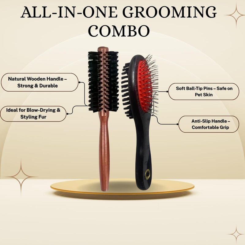 Professional Pet Grooming Brush, 2-in-1 Pin and Bristle Combo, Anti-Slip Handle, for All Coat Types (BROWN COLOR) BROWN COLOR - PawsPlanet Australia