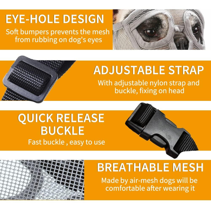 Soft Silicone Flat Faced Muzzle Size S and Grey Bulldog Muzzle Size XXS Set for Prevent Biting Chewing Licking