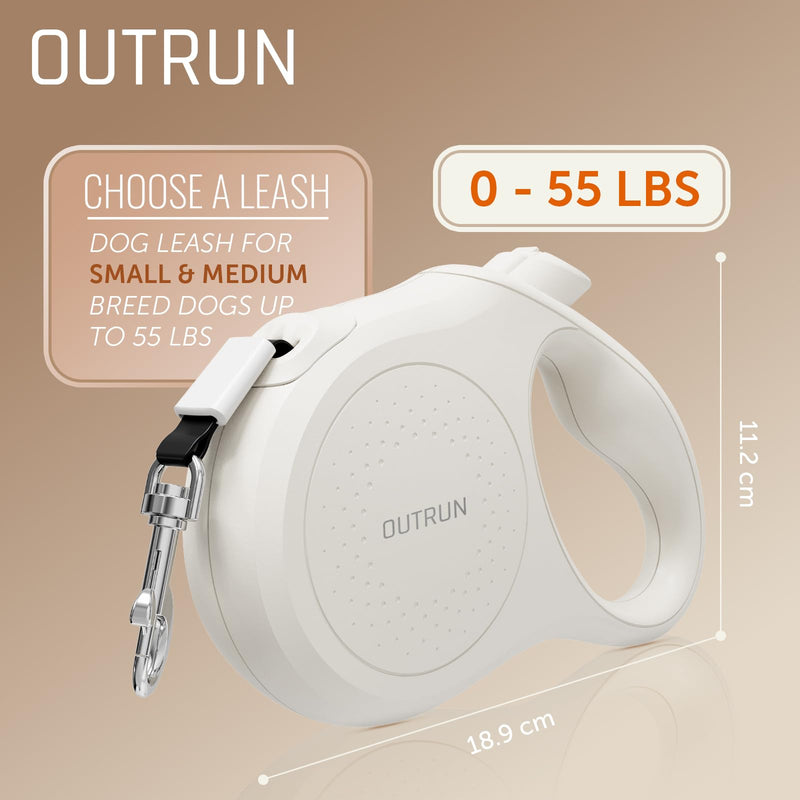 OUTRUN Dog Leash Retractable 16 FT Walking Leash up to 55 lb, Strong Nylon Tape No Tangle, Heavy Duty One-Handed Brake Lock Perfect for Small & Medium Sized Dogs and Pets (Starlight White) - PawsPlanet Australia