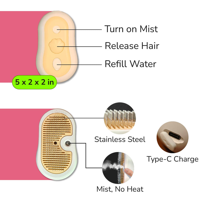 Misty - Moisturizing Pet Comb - Hair Brush with Mist, One-Click Clean, & Stainless Steel Bristles - Anti-Static Deshedding - Smooth Grooming for Cats, Dogs, & Small Pets - No Handle Compact Design - PawsPlanet Australia