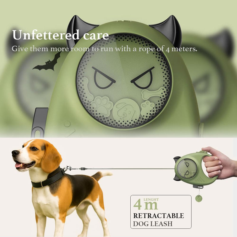 Retractable Dog Leash | 13 ft / 4 m | Supports up to 25 kg / 55 lbs | One-Button Brake & Lock | 360° Tangle-Free | Cute Animal Designs (Green) Green