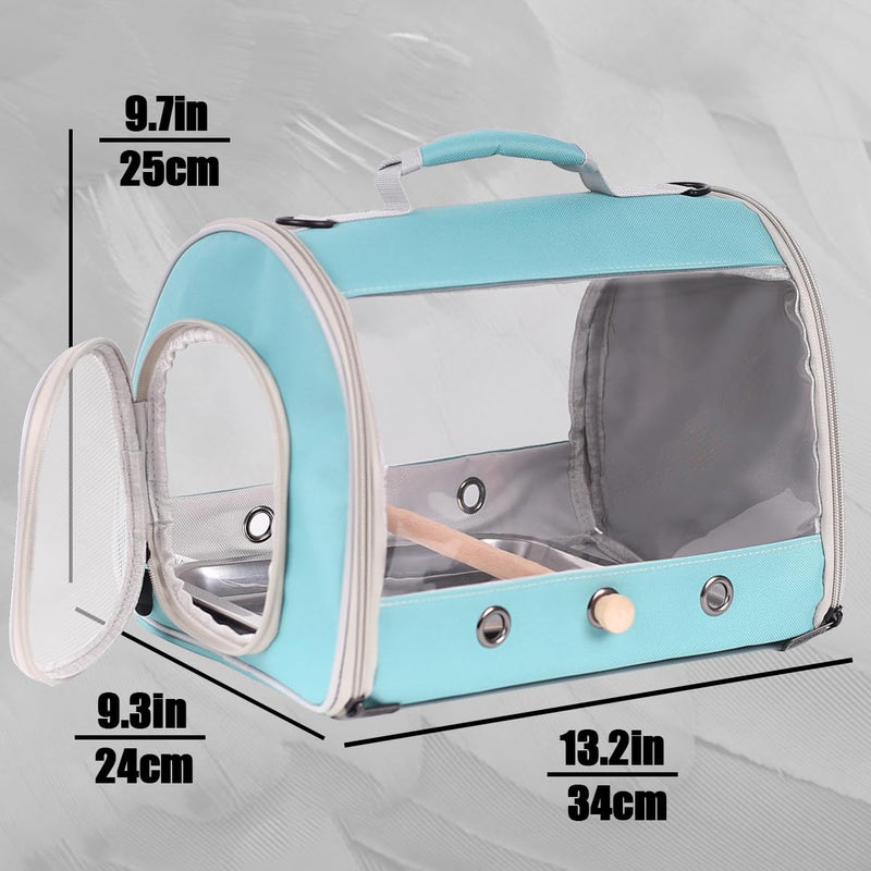Long Tail Portable Bird Travel Carrier Cage with Metal Tray Soft Mat and Wooden Standing Perch, Hands Free Lightweight Clear 2 Windows Carry Bag for Parakeet Budgies Cockatiel Transport to Vet Green Cylinder Design - Clear - PawsPlanet Australia