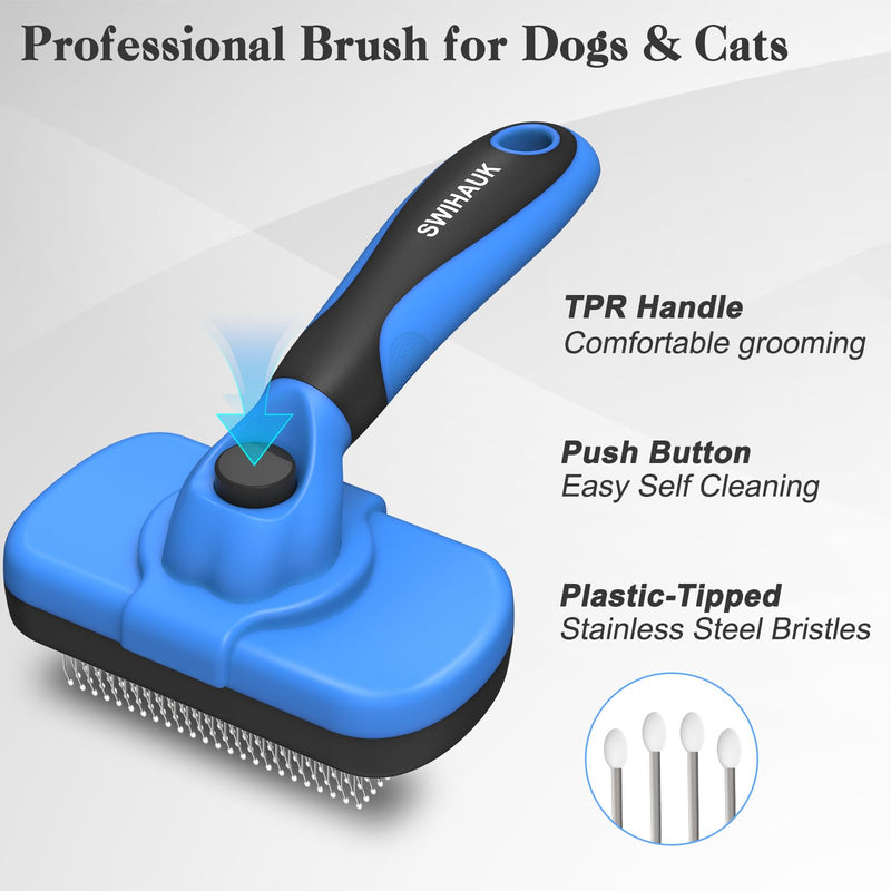Self Cleaning Slicker Brush for Dogs & Cats, Skin Friendly Grooming Cat Brush, Dog Brush for Shedding, Deshedding Brush, Hair Brush Puppy Brush for Haired Dogs, Pet Supplies Accessories, Blue - PawsPlanet Australia