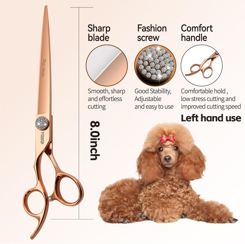 8'' Professional Left Handed Dog Grooming Scissors Straight Long Large Grooming Shears for Dogs Pet Rose Gold Titanium Japan 440C Right Handed Dog Hair Cutting Scissors for Poodle(8,Straight) 8.0‘’ Lefty Straigth 8 inch - PawsPlanet Australia