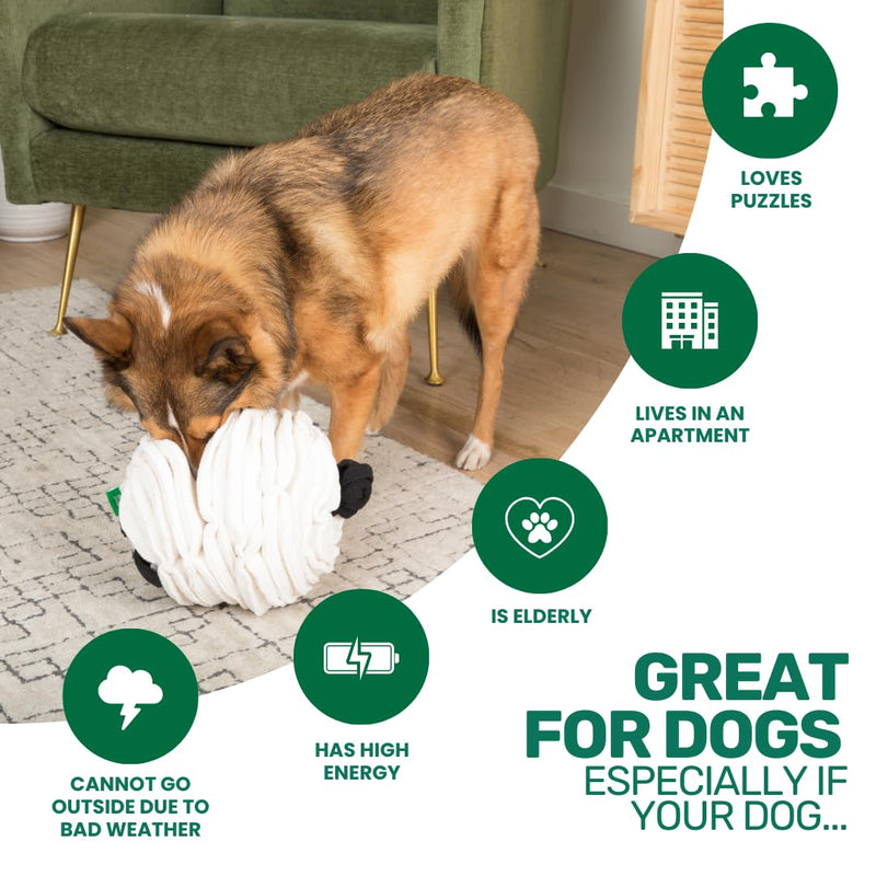 Interactive Enrichment Toy for Dogs - Squeaky Plush Snuffle Sheep, A Treat Dispensing Puzzle Toy, Stress and Anxiety Relief - PawsPlanet Australia